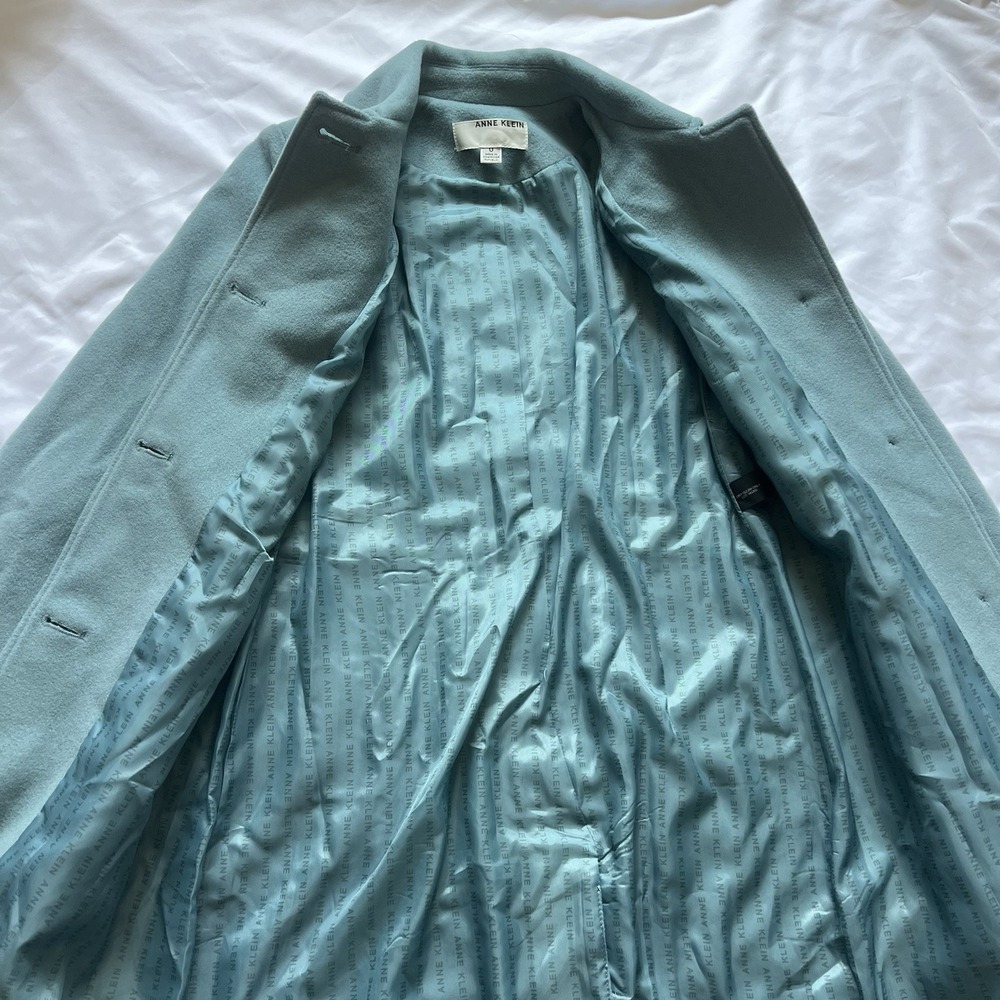 Anne Klein Seafoam Blue Full Length Cashmere Wool Blend Collar Coat Size 0 - Picture 5 of 16